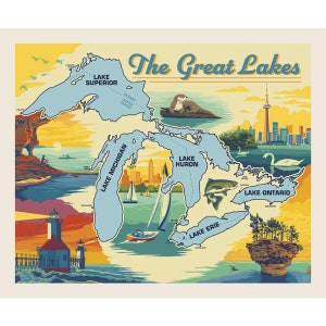 36" X 44" Panel  Great Lakes of Michigan Maps Landscapes Nature Multicolor Cotton Fabric Panel (PD11206-Greatlakes) D660.25