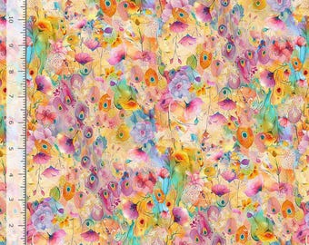 Cotton Wild Beauty Morning Floral Flowers Peacocks Feathers Watercolor Timeless Treasures Multicolor Cotton Fabric Print by the Yard D135.02