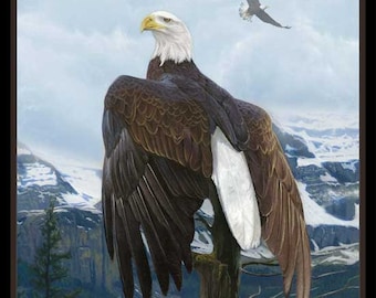 36" X 44" Panel Bald Eagles Birds Mountains Nature Wildlife Scenic Freedom Patriotic Wings of Pride Cotton Fabric Panel (24000BLACK) D572.54