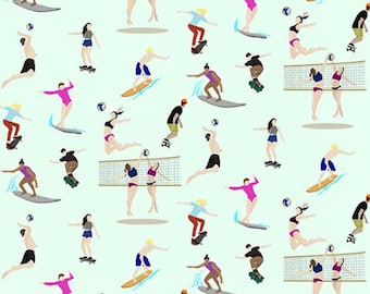 May include: A repeating pattern of people engaged in various summer activities. Surfers, skateboarders, and volleyball players are depicted in a light blue background. The illustrations are in a minimalist style, with a focus on action and movement.