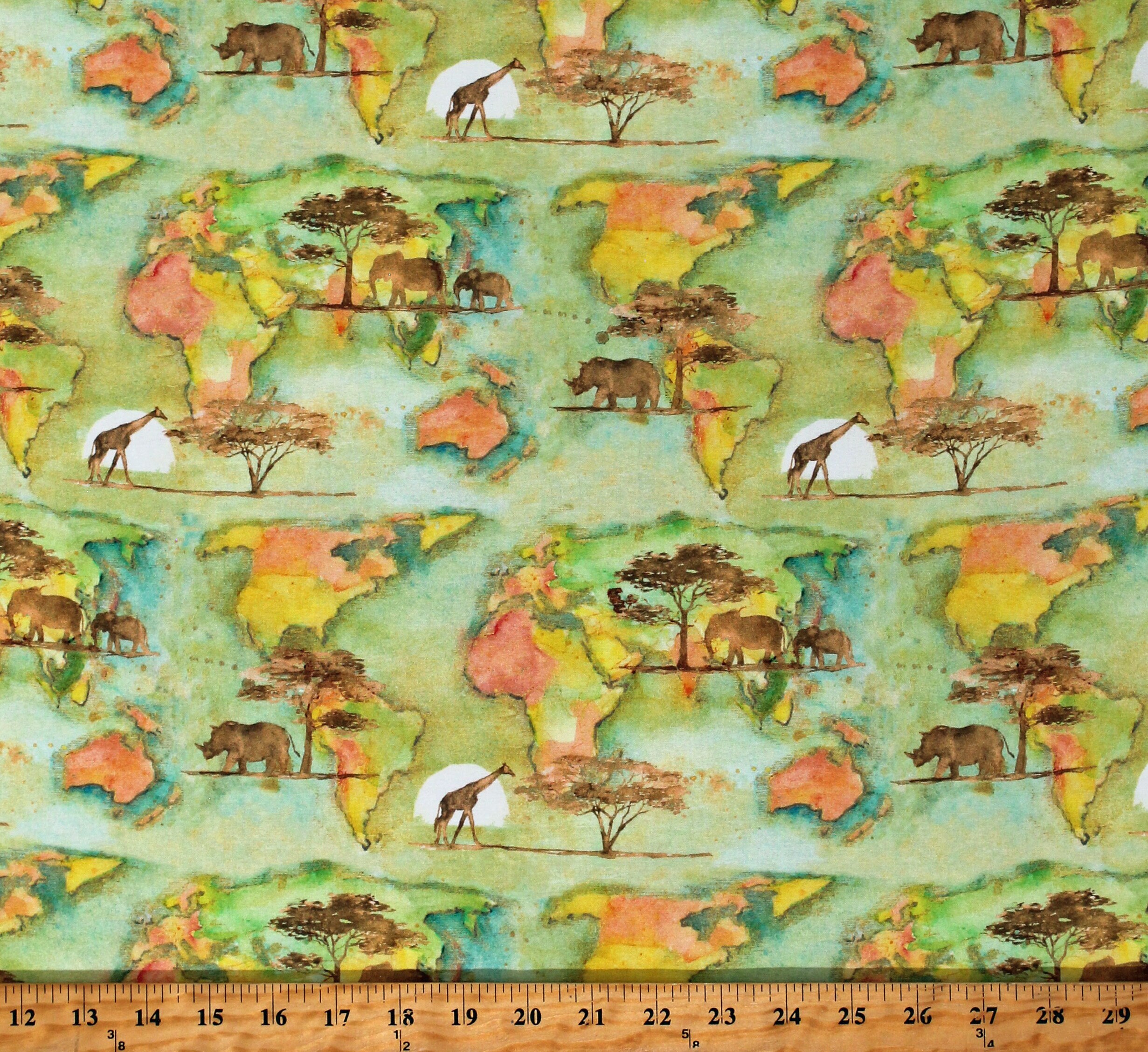 Cotton Into the Wild World Map Continents Landscapes Animals Giraffes Safari Green Cotton Fabric Print by the Yard (20178-GRN-CTN-D) D375.68