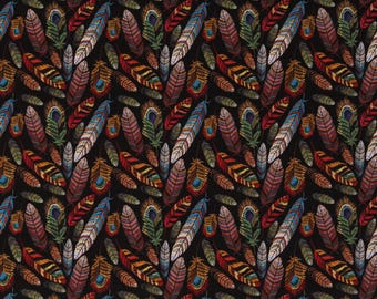 Cotton Feathers Aztec Native Tribal Birds Plumes Plumage Black Cotton Fabric Print by the Yard (119637) D465.55