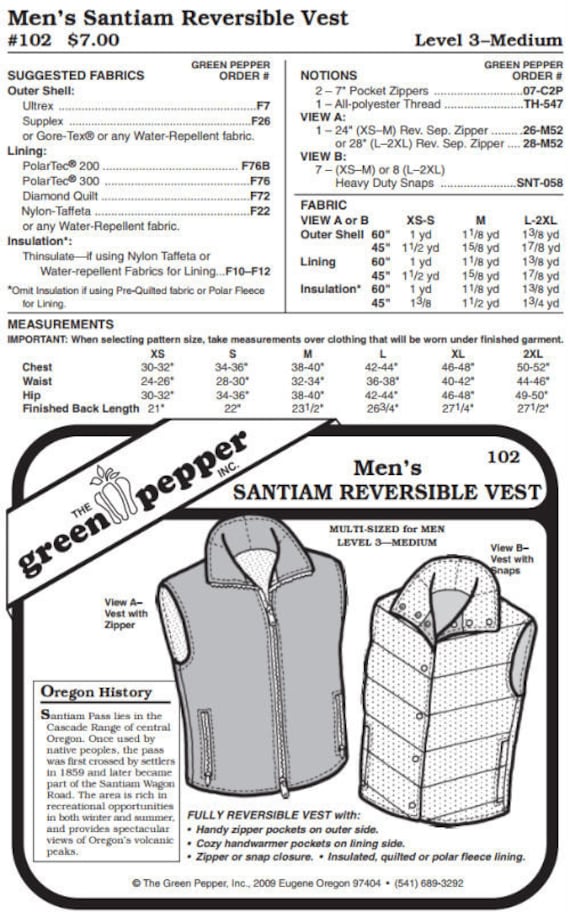Santiam Reversible Vest Pattern - 102 - The Green Pepper Patterns Santiam Reversible Vest Pattern - 102 - The Green Pepper Patterns