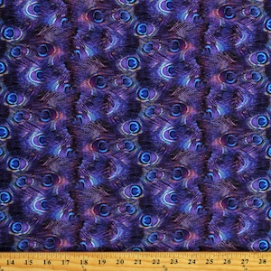 Cotton Peacock Feathers Plumes Plumage Purple Blue Birds Cotton Fabric Print by the Yard (119638) D465.48