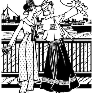 May include: Two women in black and white clothing stand on a boardwalk railing. One woman wears a polka dot skirt and a hat with a feather. The other woman wears a skirt with a geometric pattern and a hat with a veil. The background shows a cityscape with a bridge and boats.
