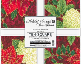 10" Layer Cake Squares - Holiday Flourish Snow Flower Gold Colorstory Christmas Metallic Ten-Square Fabric Quilter's Cotton Precuts M536.35