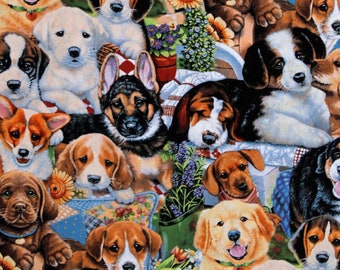 May include: A colorful fabric featuring a variety of adorable puppies in different poses. The fabric features a variety of breeds, including golden retrievers, beagles, and German shepherds. The fabric is perfect for crafting projects, such as quilts, pillows, and tote bags.