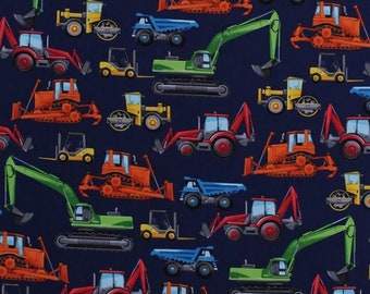 Cotton Construction Vehicles Bulldozers Forklifts Excavators Dump Trucks Blue Kids Cotton Fabric Print by the Yard D67857 Timeless Treasures