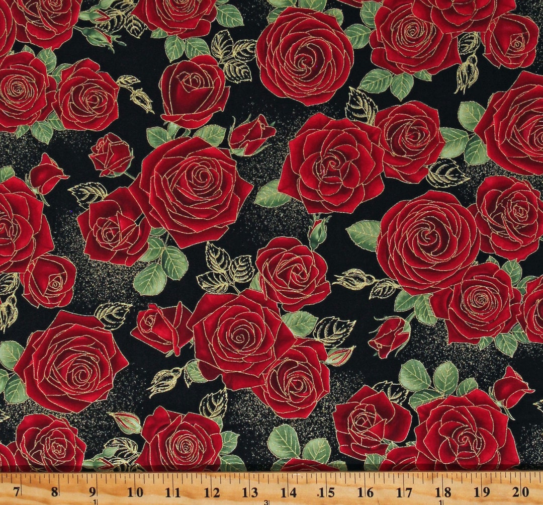 Cotton Roses Flowers Floral Gilded Red Metallic Roses Etsy