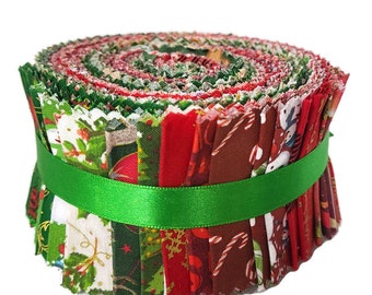 Jelly Roll - Christmas Winter Holidays Reds Greens Seasonal 2.5" Strips Roll-Up Bundle Quilter's Cotton Fabric Precuts (M528.14)