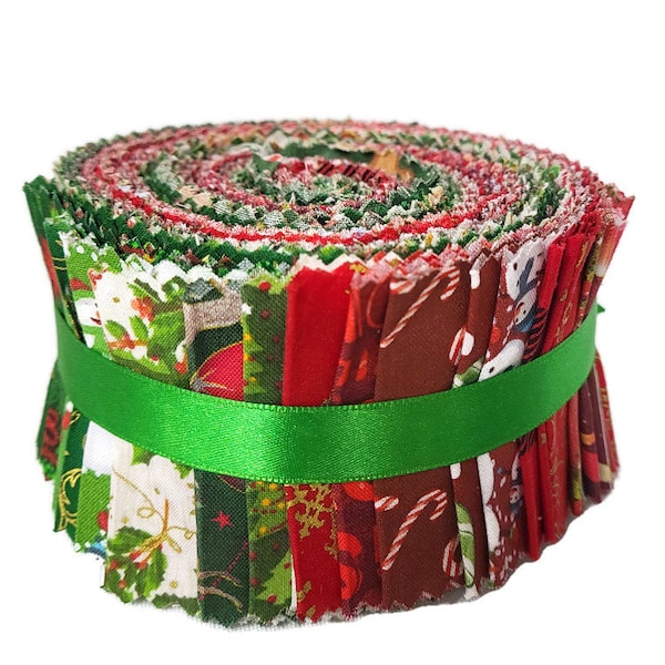 Jelly Roll - Christmas Winter Holidays Reds Greens Seasonal 2.5" Strips Roll-Up Bundle Quilter's Cotton Fabric Precuts (M528.14)