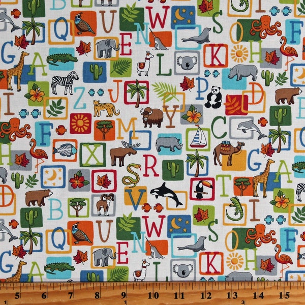 Cotton ABC Animals Alphabet Squares Kids Children's Learning Preschool White Cotton Fabric Print by the Yard (TP-2524-1) D775.05