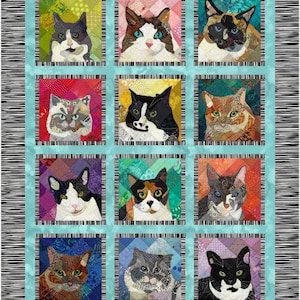 May include: A rectangular quilt featuring twelve square blocks, each displaying a unique fabric-pieced cat portrait. The cats are set against vibrant, multi-colored backgrounds with a light blue border and a black and white striped outer frame.