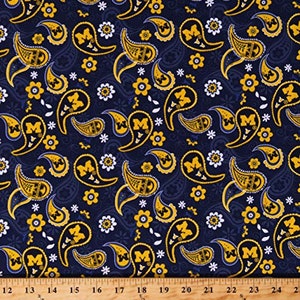 Cotton University of Michigan Paisleys Flowers Wolverines Logos College Cotton Fabric Print by The Yard (D350.12) Licensed Sykel Enterprises