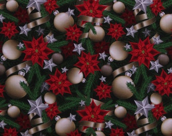 Cotton Christmas Poinsettias Flowers Christmas Tree Winter Holiday Stars Ornaments Red Green Cotton Fabric Print by the Yard (122167) D40735