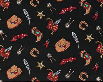 Cotton Tossed Cowboy Gear Hats Boots Horseshoes Feathers Western Wild West Black Cotton Fabric Print by the Yard (CP37459-1106115) D464.