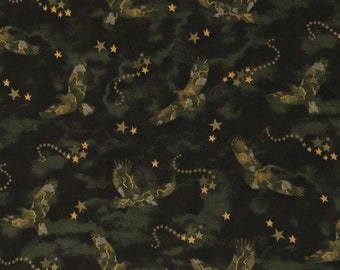 Cotton Bald Eagles Patriotic Freedom Army Gold Metallic Shimmer Stars on Green Camouflage Cotton Fabric Print by the Yard D773.33