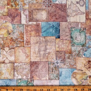 Cotton World Maps Travel Cartography Geography Globetrotter Cotton Fabric Print by the Yard (2600-30529-X) D581.68