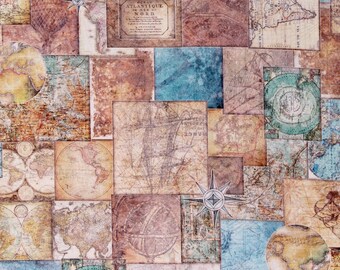 Cotton World Maps Travel Cartography Geography Globetrotter Cotton Fabric Print by the Yard (2600-30529-X) D581.68