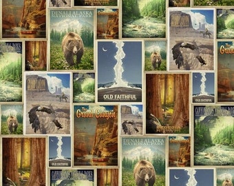 Cotton National Parks Posters Postcards Pictures USA Parks Travel Explorer Hiking Cotton Fabric Print by the Yard (AL-5030-1C) D472.46