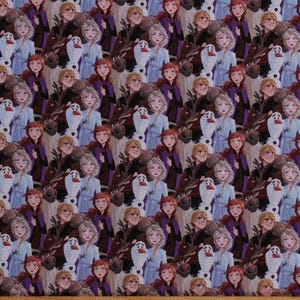 May include: Fabric featuring a repeating pattern of characters from the animated film "Frozen." The design includes Elsa, Anna, Kristoff, Olaf, and Sven, set against a dark background. The fabric is suitable for various crafting projects.