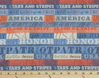 May include: Fabric with a patriotic theme, featuring red, white, and blue stripes and text. The design includes phrases like "Stars and Stripes," "USA," "Land of the Free," and "4th of July." The fabric is measured in inches.
