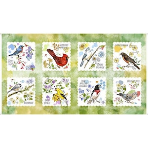 May include: A rectangular fabric panel featuring eight postage stamp-style images of various North American birds. Each image includes the bird's name. The background is a light green with a white border.