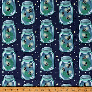 May include: A seamless pattern of blue mason jars with green leaves and glowing fireflies on a dark blue background.
