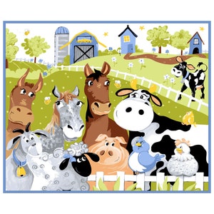 35.5&quot; X 44&quot; Panel Barnyard Blues Farm Animals Horses Cows Sheep Goats Pigs Chickens Kids Cotton Fabric Panel D368.68 by Clothworks