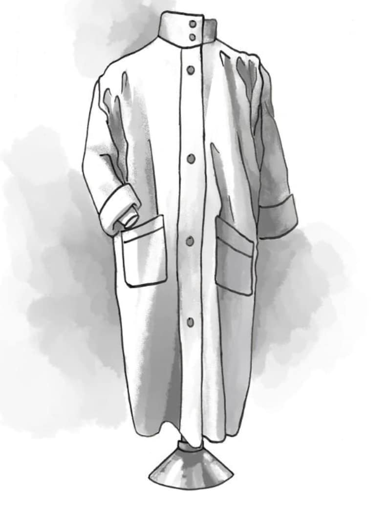 May include: A long, white, button-up robe with a stand-up collar and two pockets. The robe is on a mannequin.