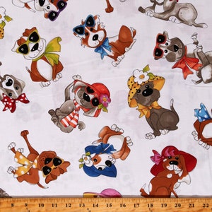Cotton Dogs Doggies Puppy Puppies with Accessories Hats Sunglasses Bows White Cotton Fabric Print by the Yard (692-414) D755.27