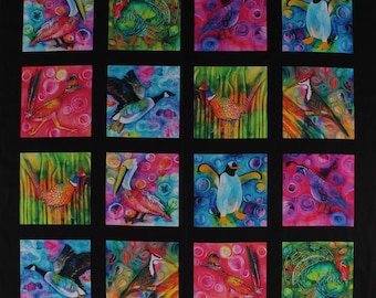 May include: A black fabric with a repeating pattern of colorful birds in squares. The birds are painted in a watercolor style with vibrant colors and details. The fabric features a variety of birds, including a pelican, a penguin, a pheasant, a turkey, and a goose.