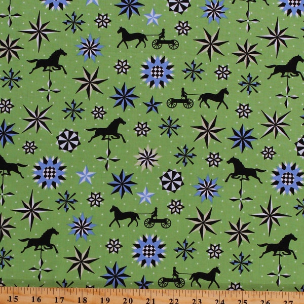 Cotton Weather Vane Quilt Block Country Style Folk Art Fantasy Green Cotton Fabric Print by the Yard (D781.26)