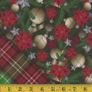 May include: A green, red, and white plaid fabric with a Christmas-themed fabric featuring poinsettia flowers, stars, and ornaments. The fabric is quilted and has a diamond pattern.