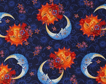 Cotton Celestial Moons Suns Faces Stars Moon and Sun Navy Blue Cotton Fabric Print by the Yard (16333-57) D772.91