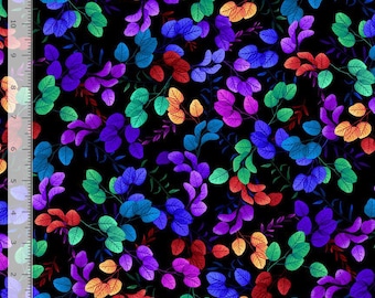Cotton Tossed Bright Leaves Leaf Colorful Foliage Timeless Treasures Black Cotton Fabric Print by the Yard (FLEUR-CD3903-BLACK) D135.06