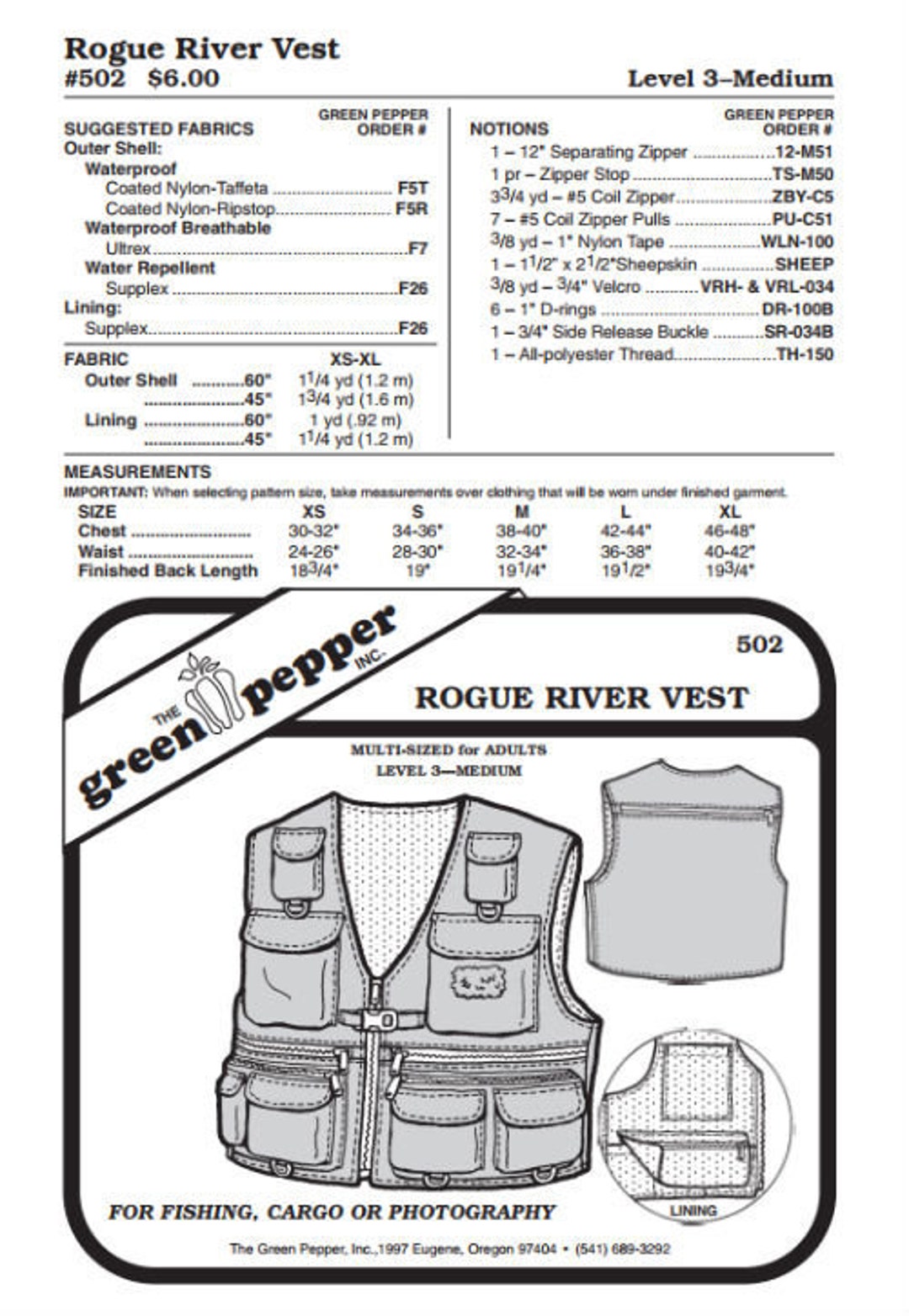 Green Pepper Adults' Rogue River Fishing Fisherman Vest 502 Sewing