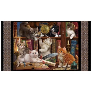 May include: A whimsical illustration of kittens in a library setting. The image features several kittens of various colors, including gray, white, and orange, interacting with books, a globe, and a lamp. The background is a bookshelf filled with antique books.