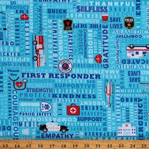Cotton Emergency First Responders Police Fire Ambulance Rescue Thank You Blue Cotton Fabric Print by the Yard D372.34 Timeless Treasures