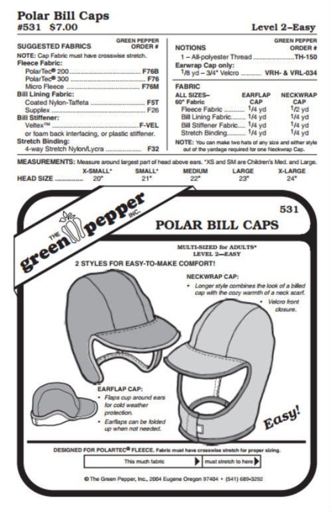 Green Pepper Polar Bills Cap Hat Headgear 531 Sewing Pattern