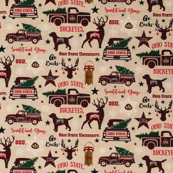 Cotton Ohio State University Holiday Print Buckeyes Brutus Christmas Northwoods NCAA College Team Cotton Fabric Print by the Yard (OHS-1213)