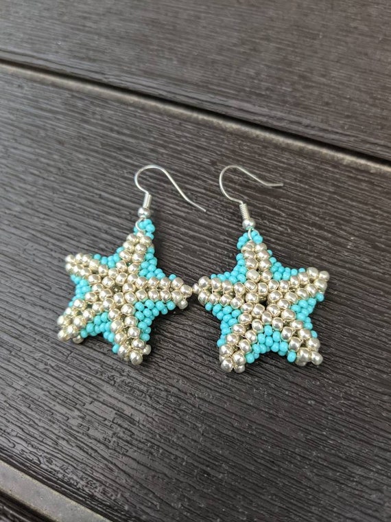 Beaded starfish earrings in turquoise and silver Etsy