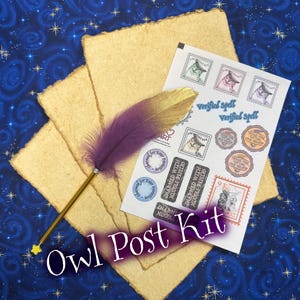 May include: A quill pen with a purple and gold feather, three sheets of textured beige paper, and a sticker sheet featuring owl postage stamps, circular seals, and rectangular labels with the text "Verified Spell" and "Charmed with Muggle-Repelio".