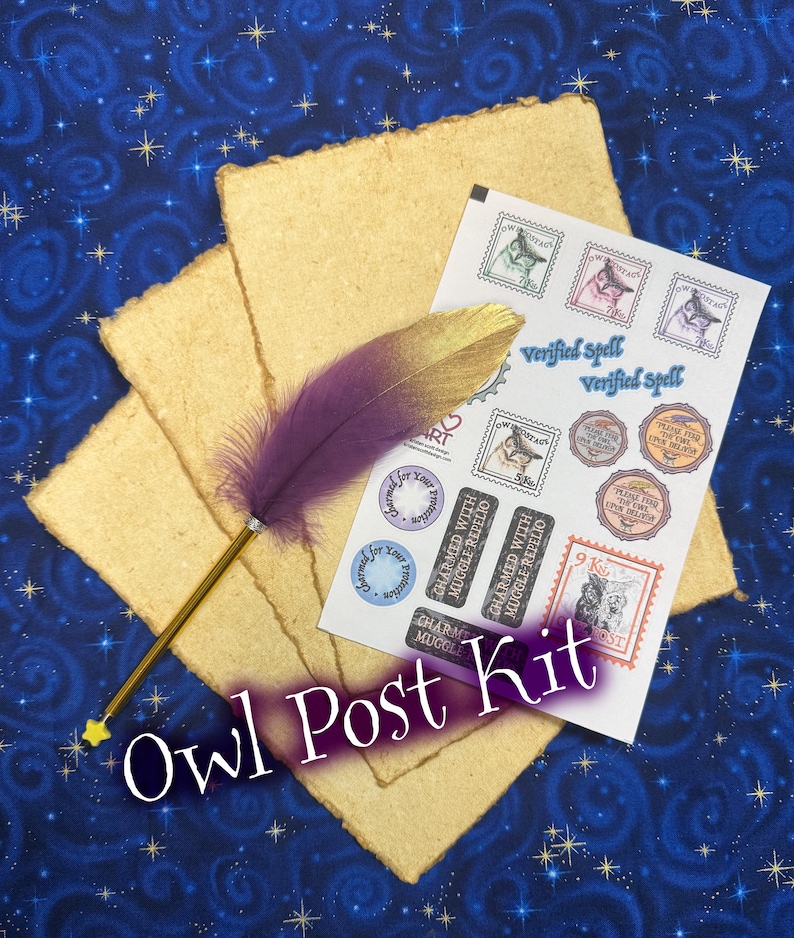 May include: A quill pen with a purple and gold feather, three sheets of textured beige paper, and a sticker sheet featuring owl postage stamps, circular seals, and rectangular labels with the text "Verified Spell" and "Charmed with Muggle-Repelio".