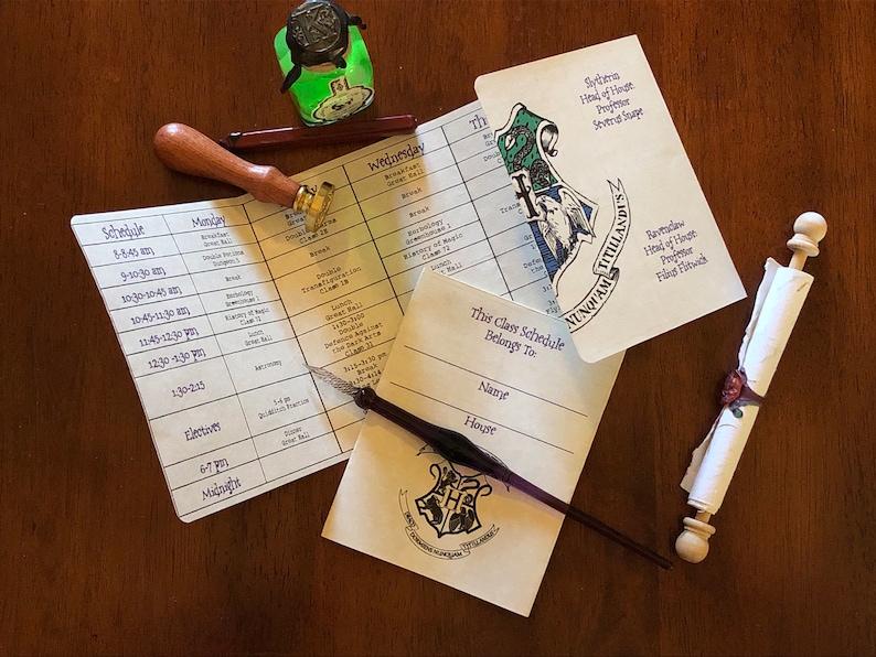 May include: A printed class schedule with a Hogwarts crest, a wax seal stamp with a wooden handle, a dark ink pen, a small green glass bottle, and a rolled parchment scroll tied with a red wax seal. The schedule lists times and subjects.