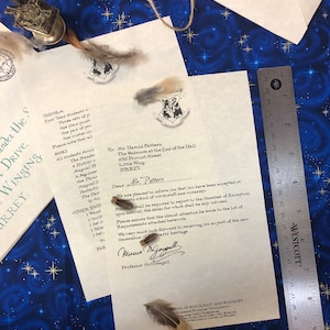 May include: A cream-colored acceptance letter addressed to Mr. Harold Pattern, featuring a printed school crest and the signature of Professor McGonagall. A metal Westcott ruler is placed alongside, showing a length of approximately 12 inches.