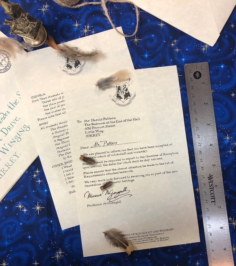 May include: A cream-colored acceptance letter addressed to Mr. Harold Pattern, featuring a printed school crest and the signature of Professor McGonagall. A metal Westcott ruler is placed alongside, showing a length of approximately 12 inches.