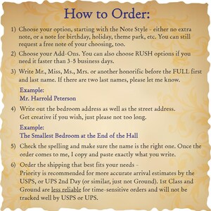 May include: A tan parchment-style informational graphic with dark blue text titled How to Order. It lists six numbered steps for customizing an order, including selecting note styles, add-ons, honorifics, bedroom addresses, and shipping preferences.