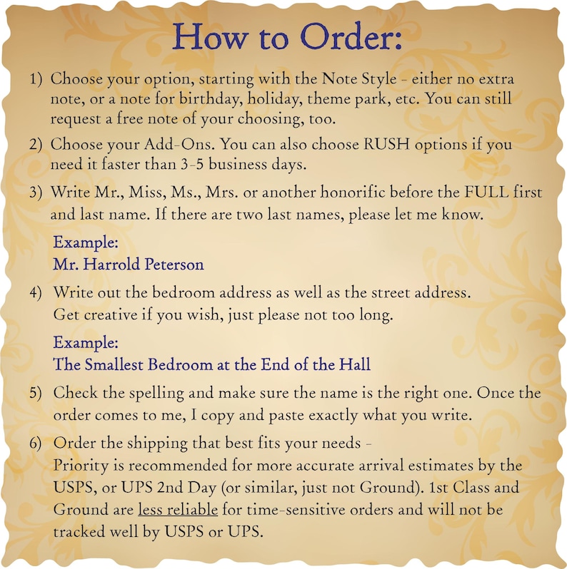 May include: A tan parchment-style informational graphic with dark blue text titled How to Order. It lists six numbered steps for customizing an order, including selecting note styles, add-ons, honorifics, bedroom addresses, and shipping preferences.