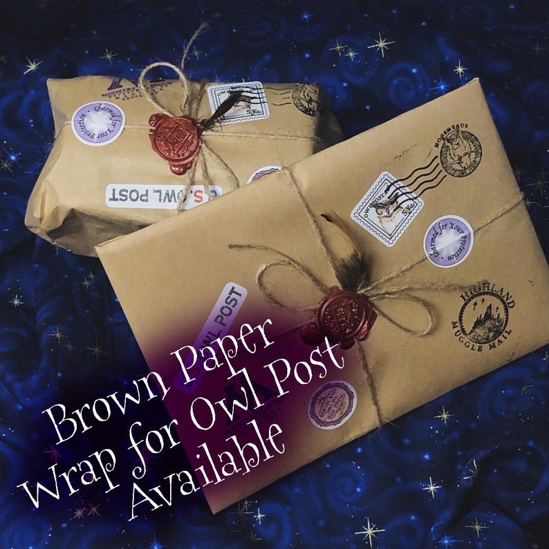 May include: Two rectangular packages wrapped in brown paper, tied with twine and sealed with red wax. Each package features postage stamps, circular stickers with text, and black ink postmarks reading Highland Muggle Mail and Owl Post.